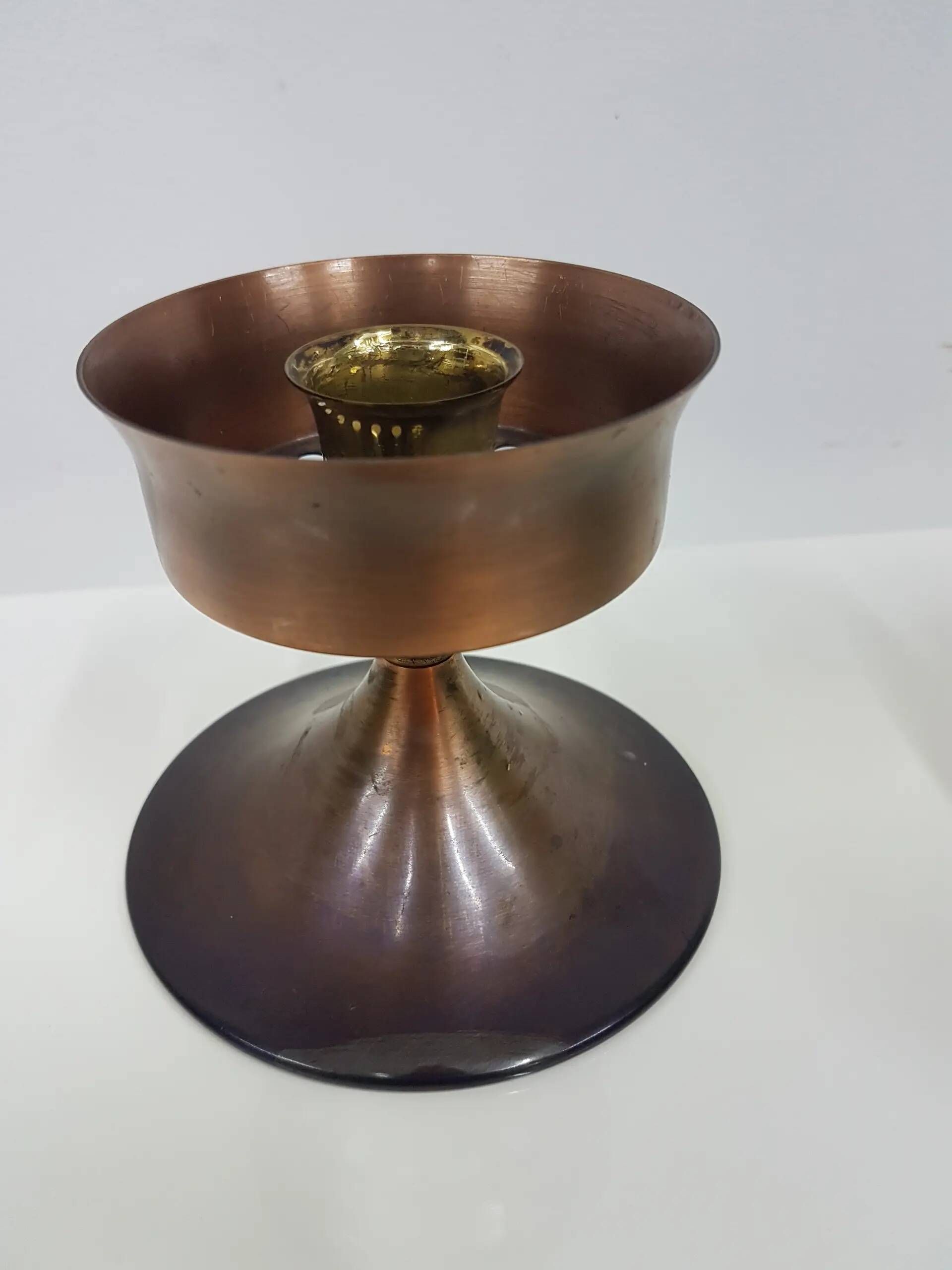 Candlestick, gold-tone brass, clear greenish glass, Austria, 1960s.