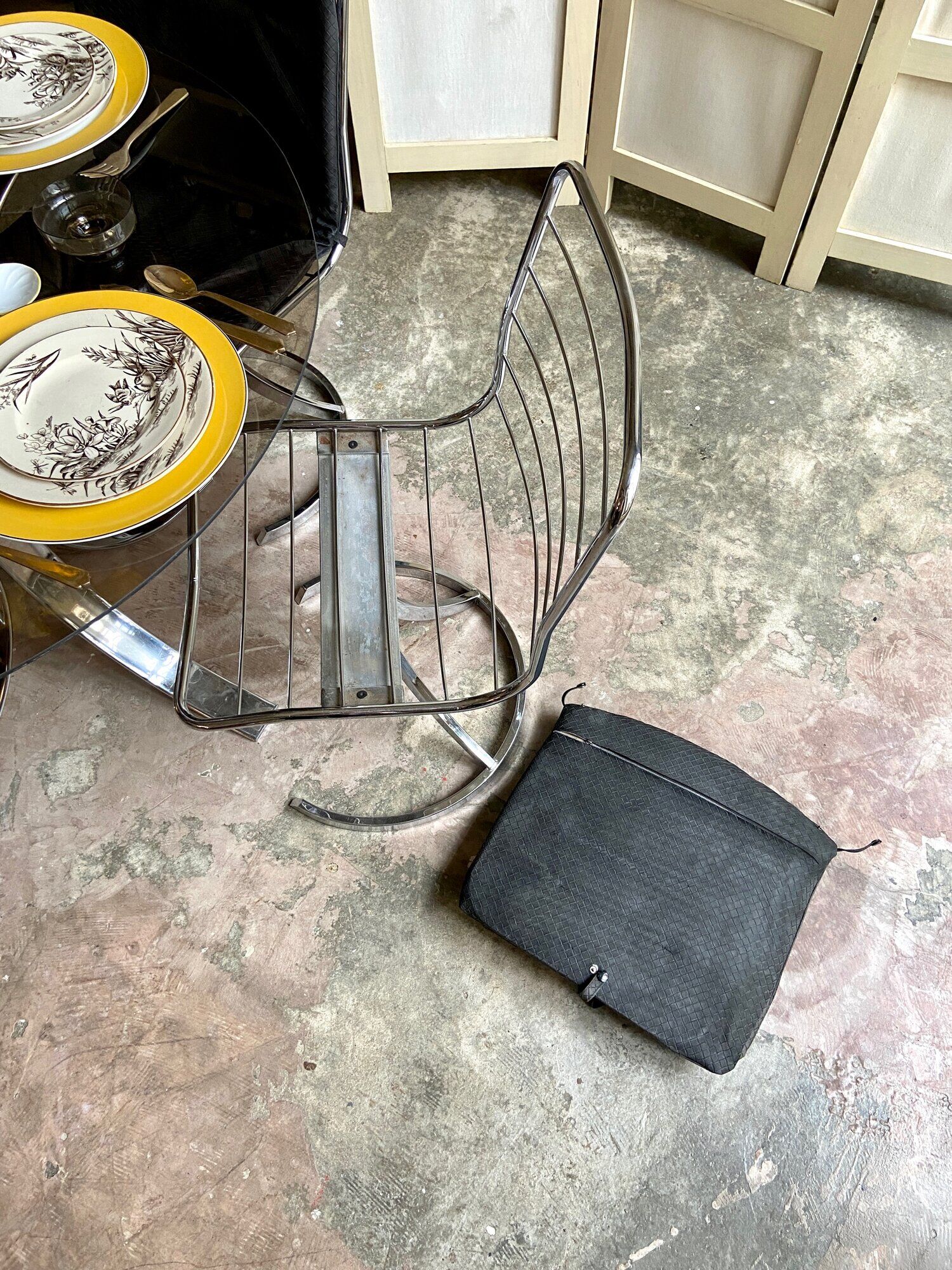 2 chairs in chromed metal and black woven skaï 1970s