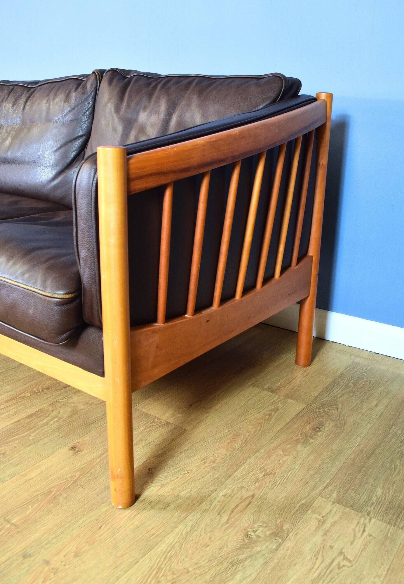 Stouby brown leather & cherry wood 3 seat sofa 1970s