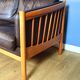 Stouby brown leather & cherry wood 3 seat sofa 1970s