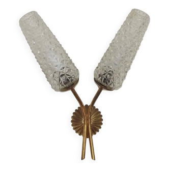 French vintage gold metal retro double wall light with clear cut glass shades.