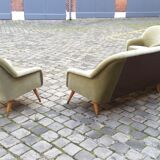 Ensemble de fauteuils Danois club organique années 50 Vert tendre glacé