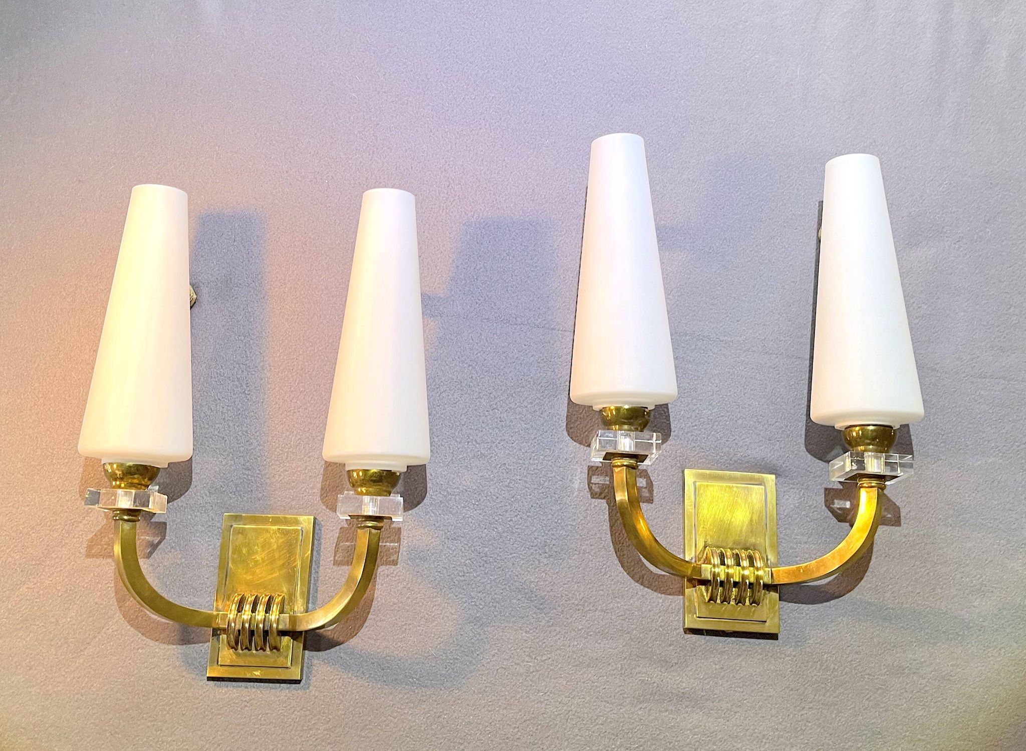 Pair of Art-Déco bronze & opaline sconces from Maison Lunel, France, 1950