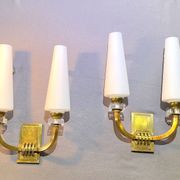 Pair of Art-Déco bronze & opaline sconces from Maison Lunel, France, 1950