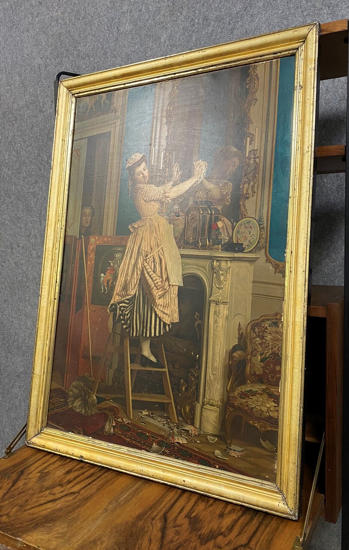 Color chromolithography painting depicting an interior scene circa 1880