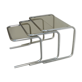Nesting tables in chrome and smoked glass from the 70s