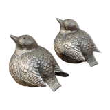 Duo of salt shaker and pepper in the shape of a bird in silver metal and its basket