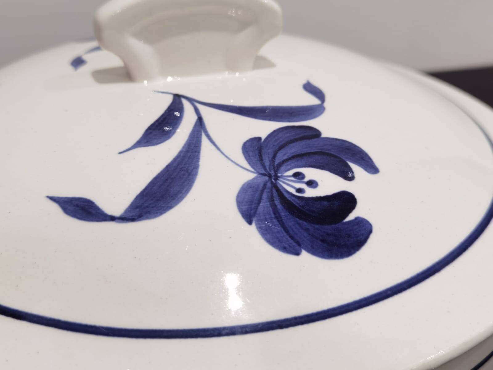 Old earthenware tureen with blue flower, Moulin des loups and hamage France, model