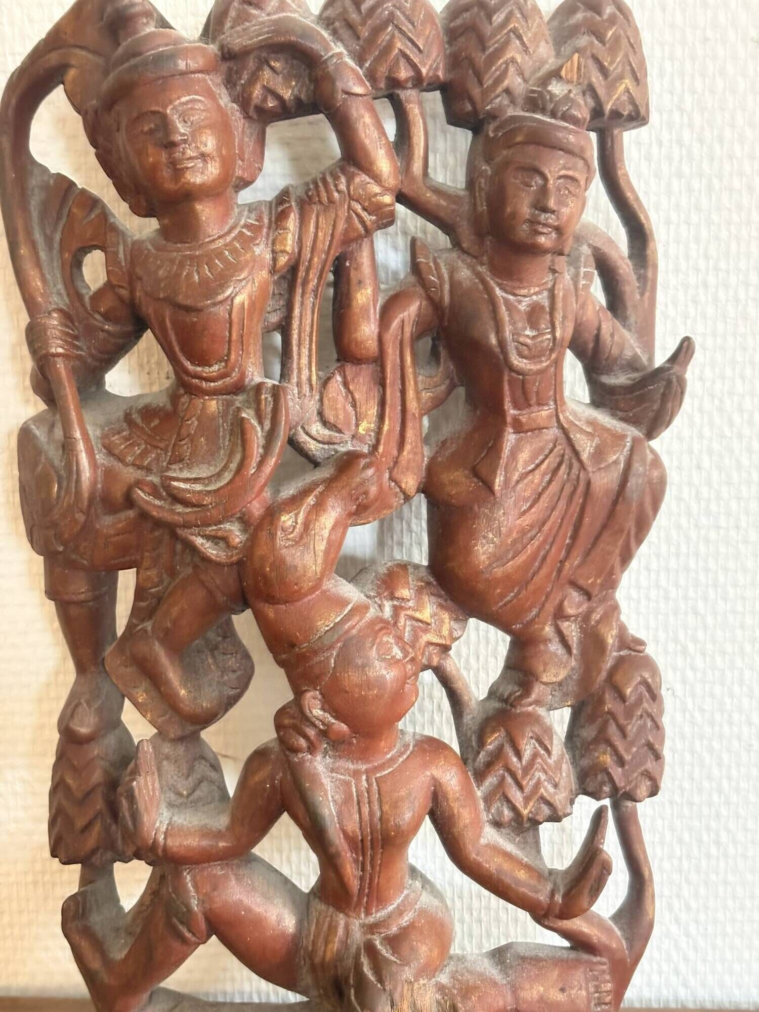 Ancient Carved Wall Panel Deity Wood Thailand Burma Myanmar