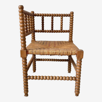 Chaise d'angle vintage en chêne tourné et paille