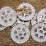 8 white/grey-blue shell/oyster plates, Moulin des Loups Orchies, France