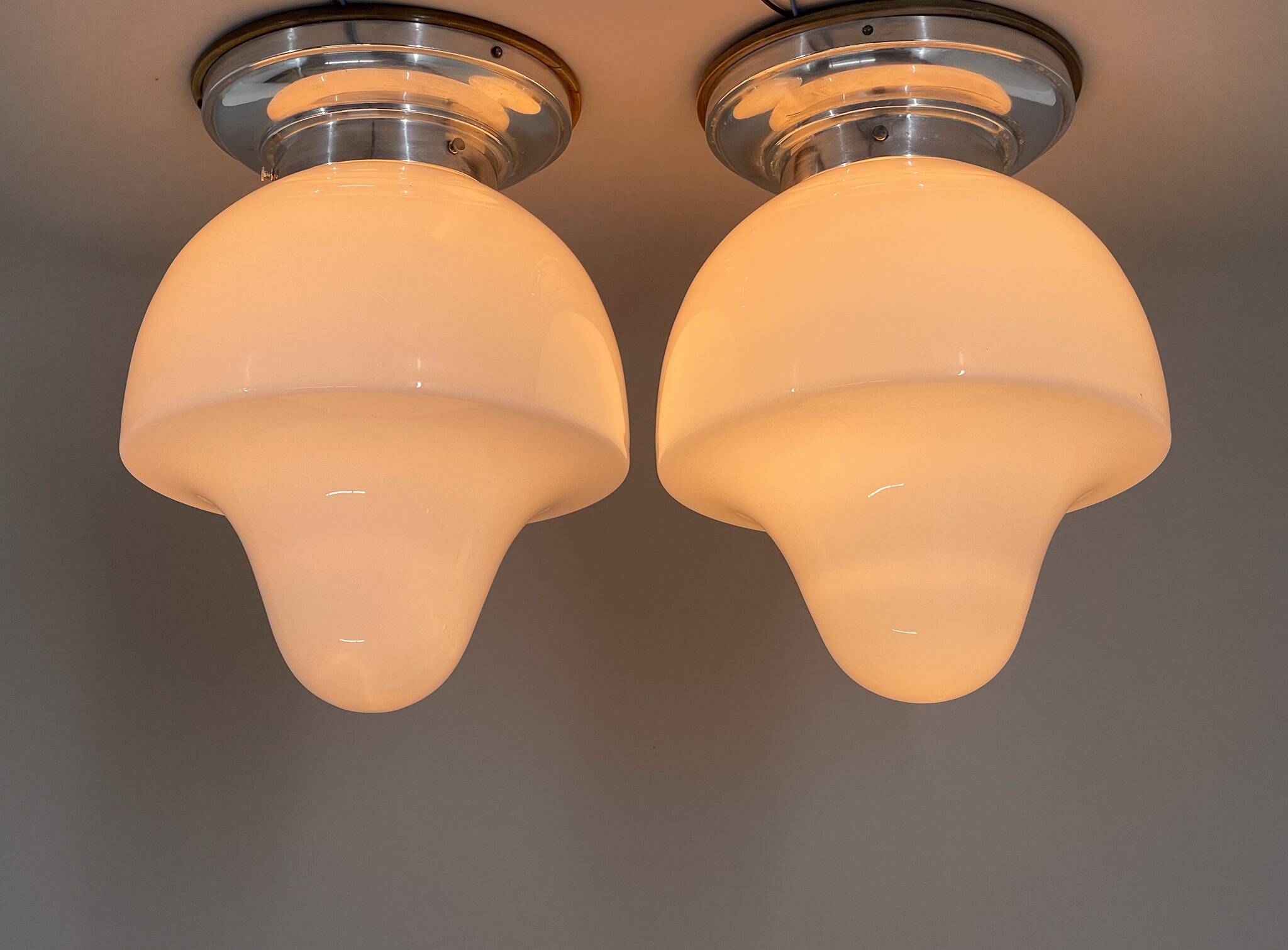 Pair of Mid-Century Chrome & Milk Glass Ceiling Ligts, Restored