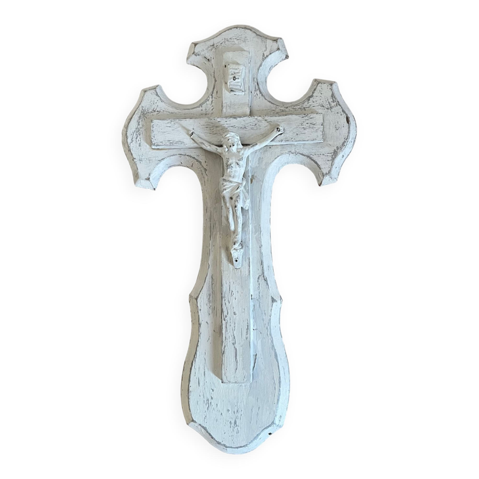 Wooden crucifix white patina aged effect