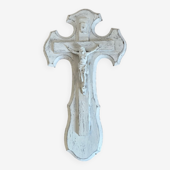 Wooden crucifix white patina aged effect