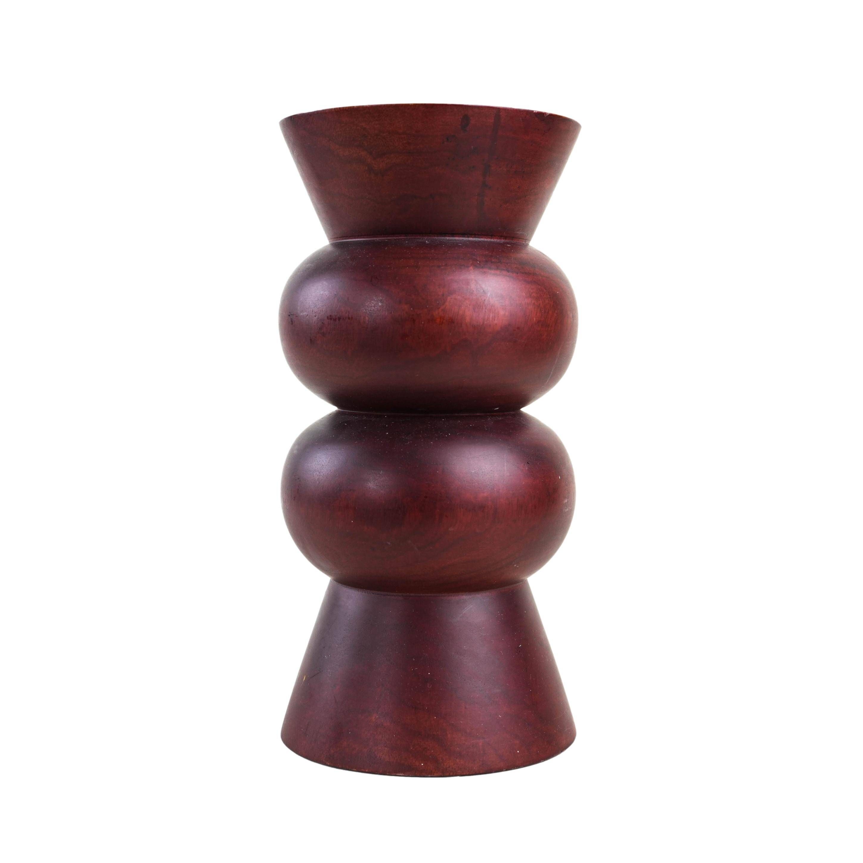Turned wooden vase in segmented technique, burgundy, Danish, 1970s