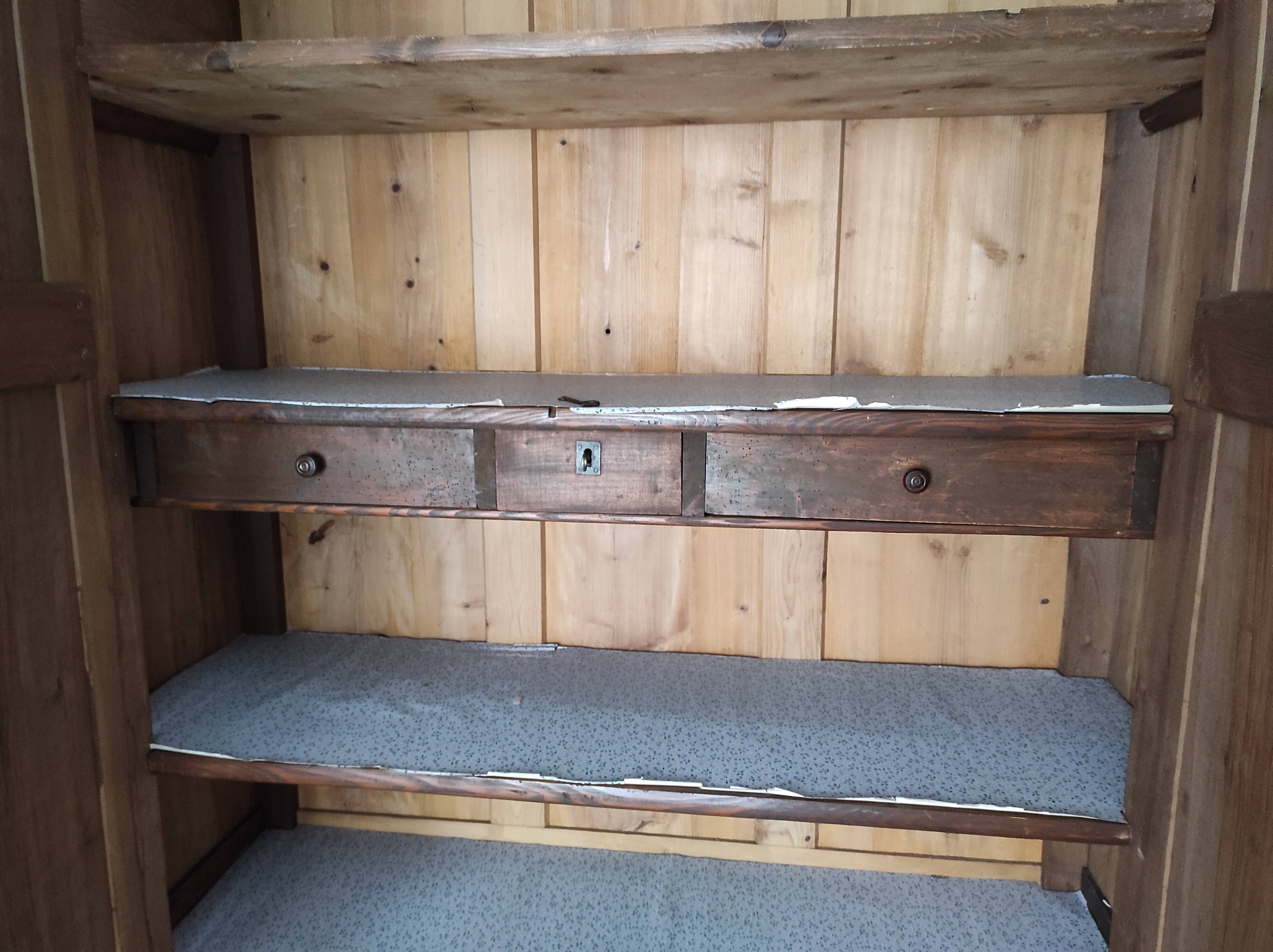 Old walnut wood cabinet with hat and 2 drawer doors
