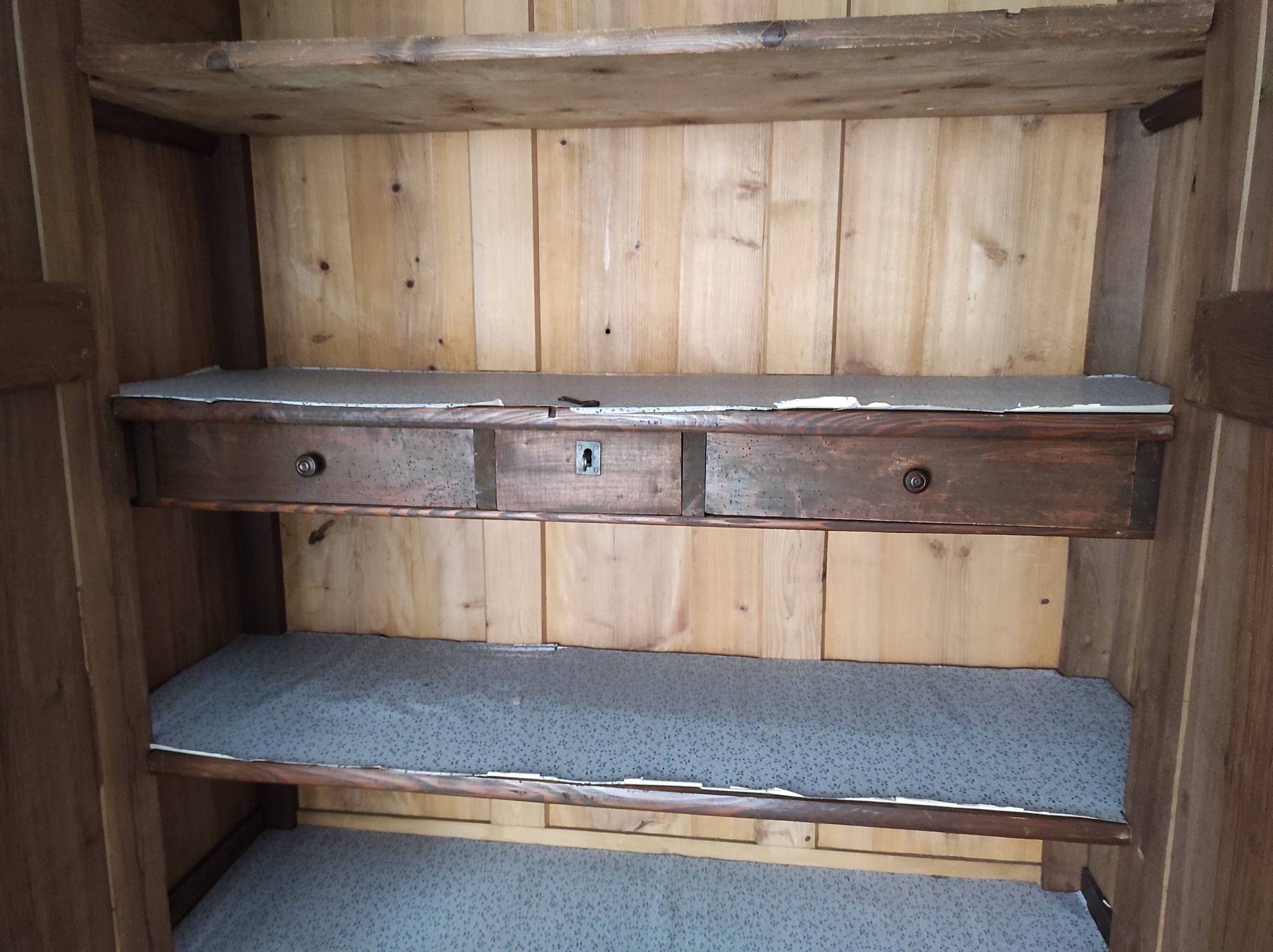 Old walnut wood cabinet with hat and 2 drawer doors