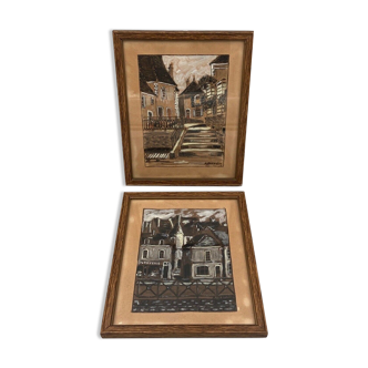 Pair of watercolors by a granger street scene XXth natural wood frame