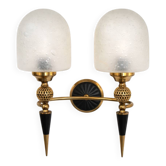 Mid-century brass wall lamp, 1950s, glass and brass, 2xE14