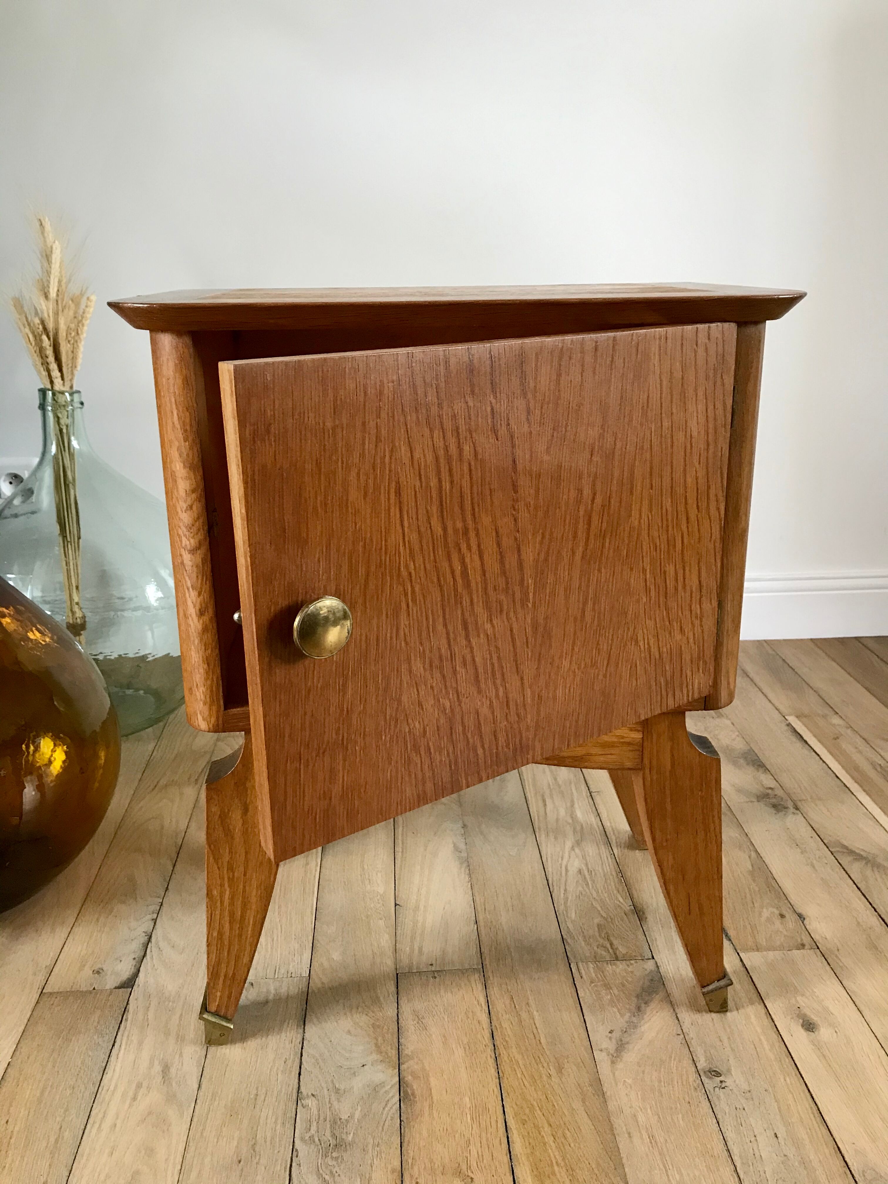 Bedside table in oak and brass 50s