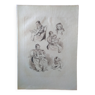 une planche héliogravure Dujardin illustrateur Adrien Marie 1883 thème enfant (lire description)