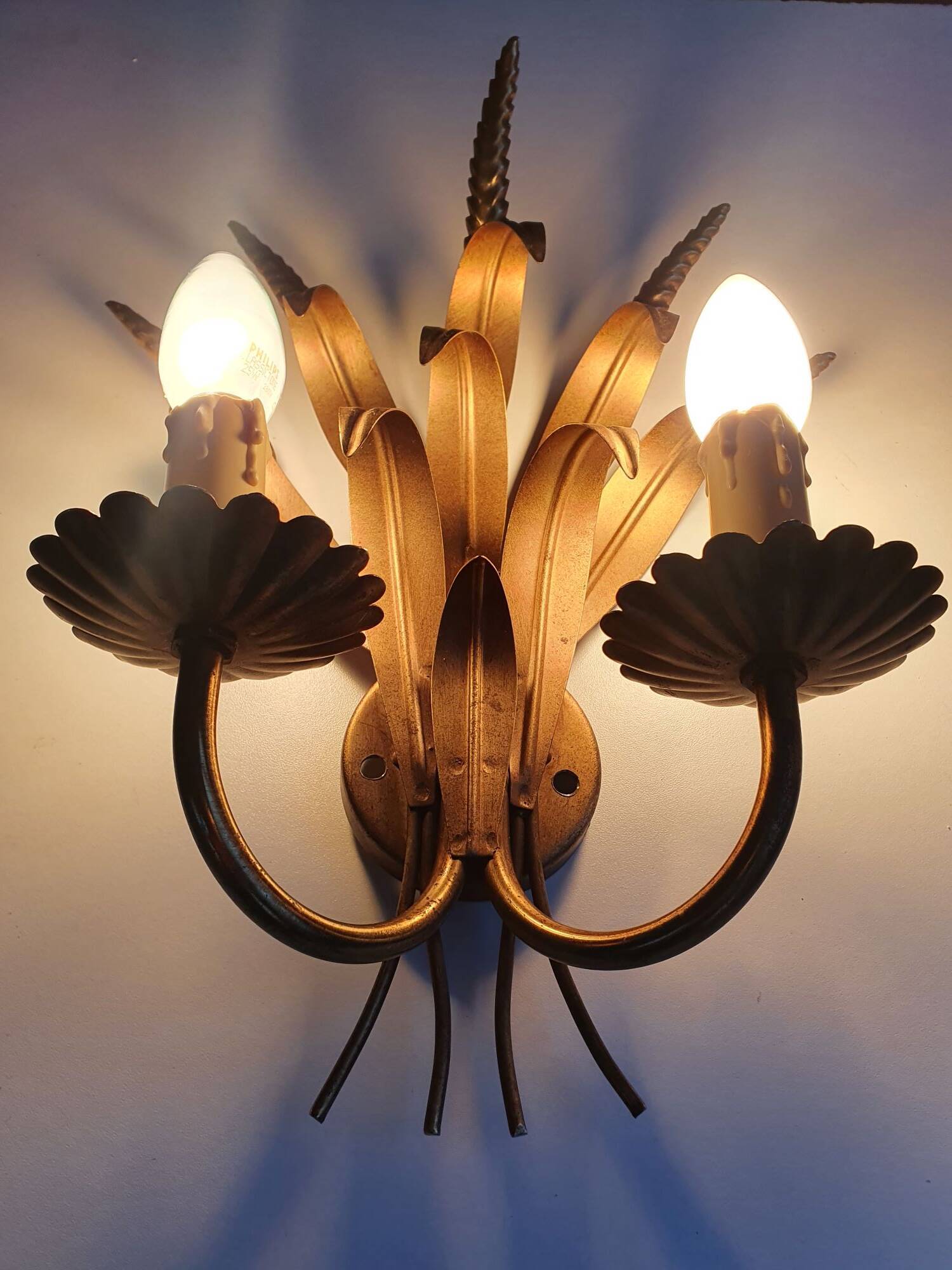 Pair of antique gold wall sconces with wheat ear motif