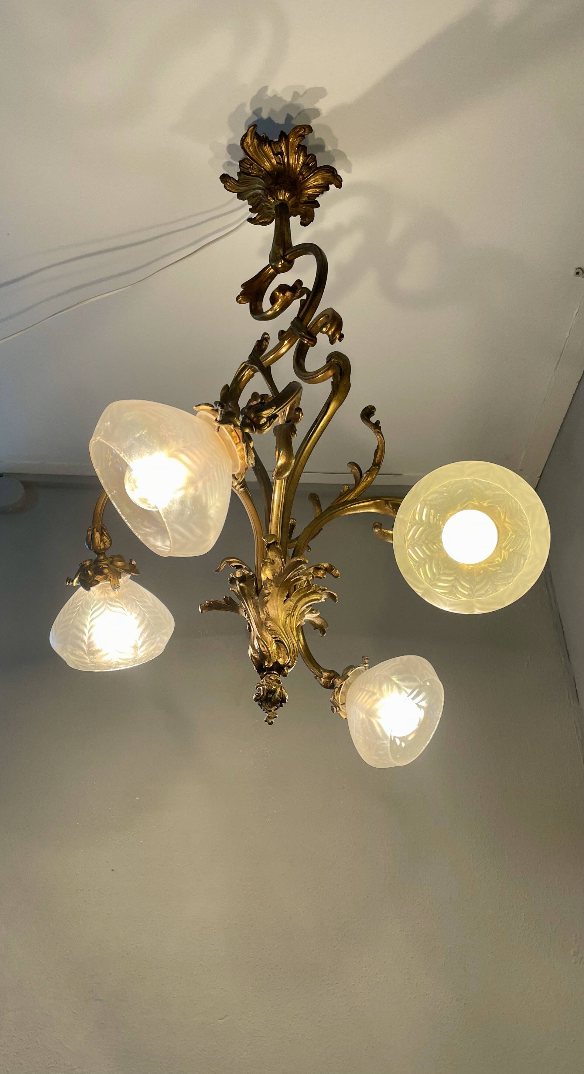 Jugendstil Golden Chandelier with Frosted Glass Shades