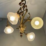 Jugendstil Golden Chandelier with Frosted Glass Shades