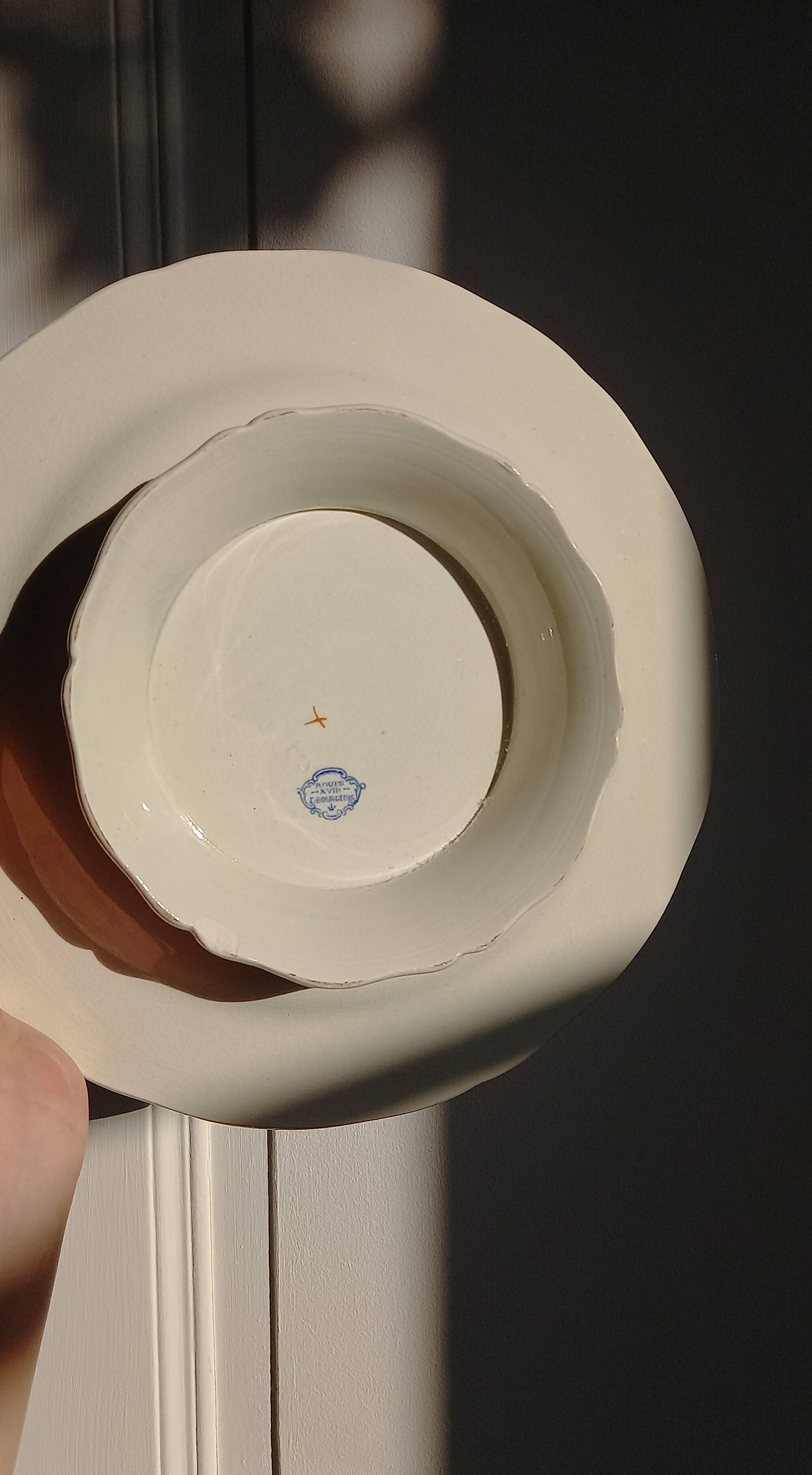 Old mounted plate, compotier in iron earthenware E. Bourgeois large deposit “Rouen XVIII”