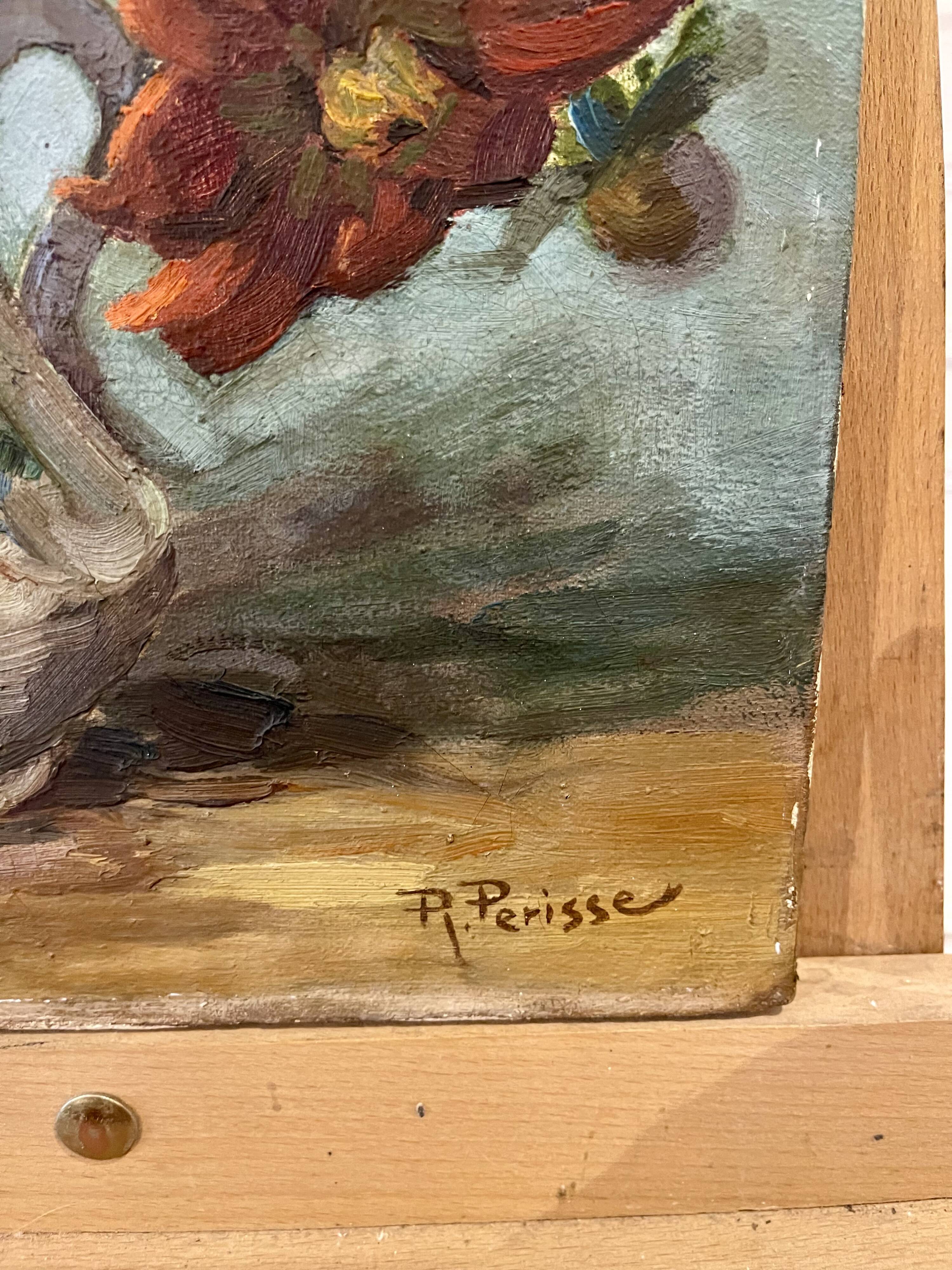 Oil painting on canvas signed Raymond PERISSE - Bouquet of Dahlias - Lorraine painter