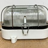 Industrial white porcelain cage wall light with ribbed glass, 1970s