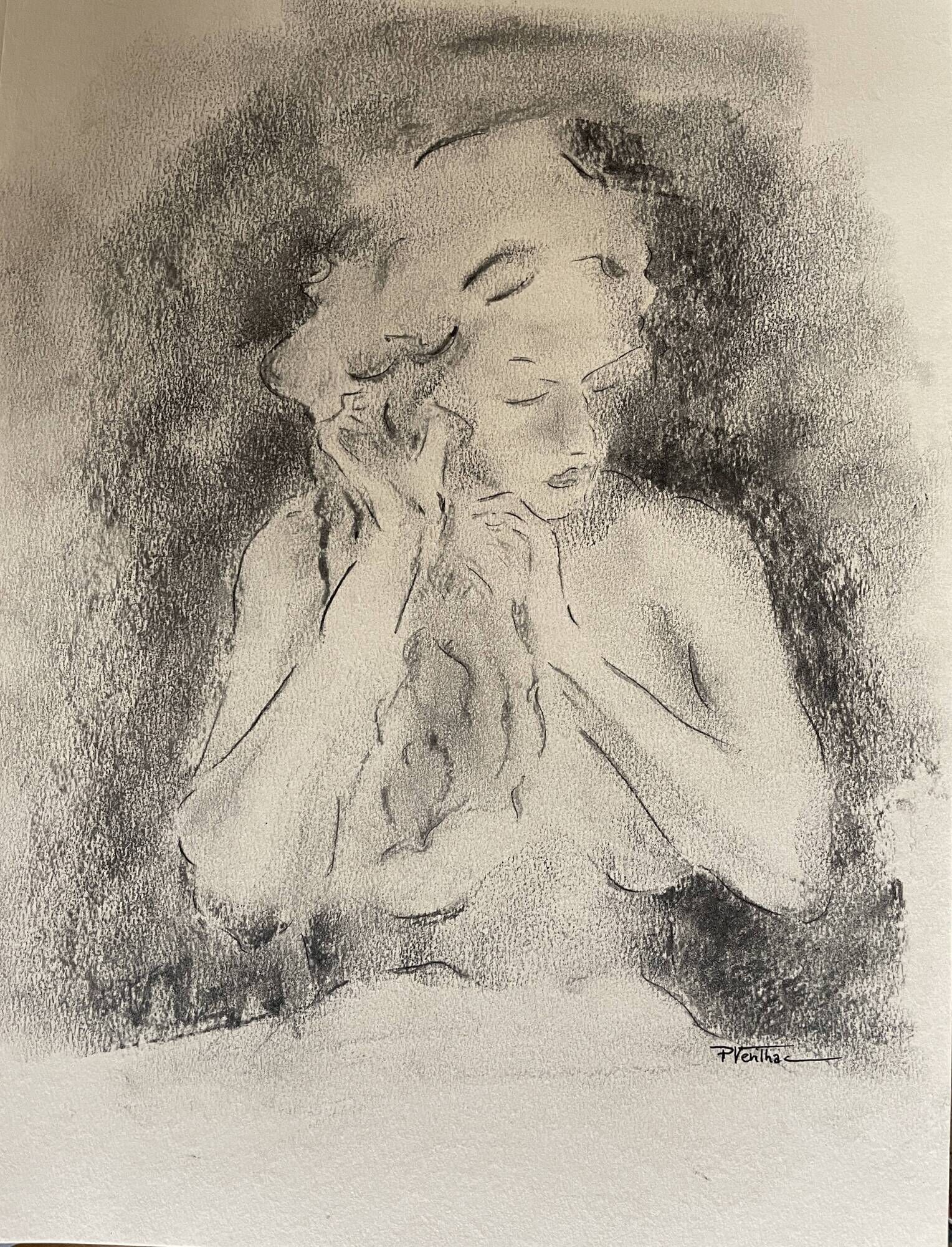 Charcoal painting signed portrait of woman combing her hair