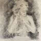 Charcoal painting signed portrait of woman combing her hair