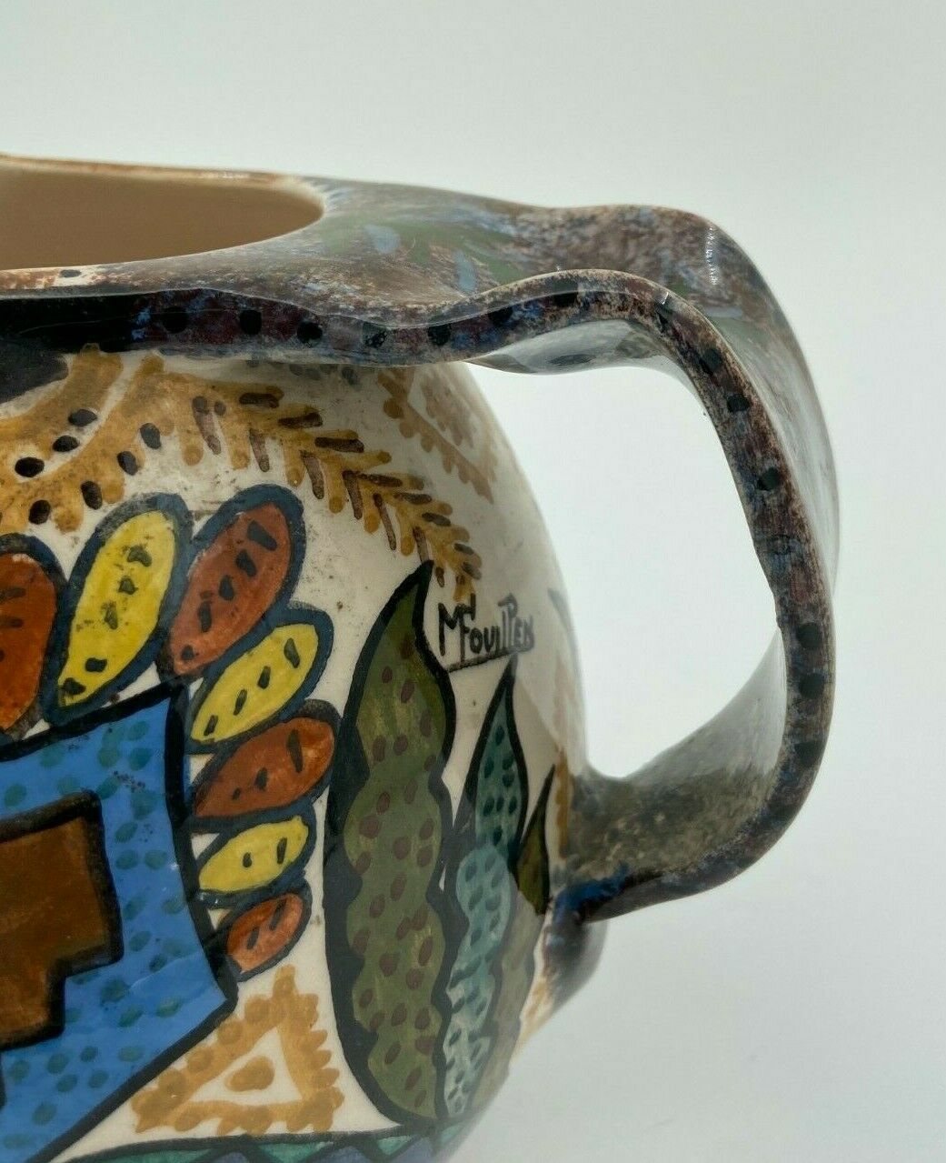 Pichet Paul Fouillen faience de Quimper decor geometrique signe