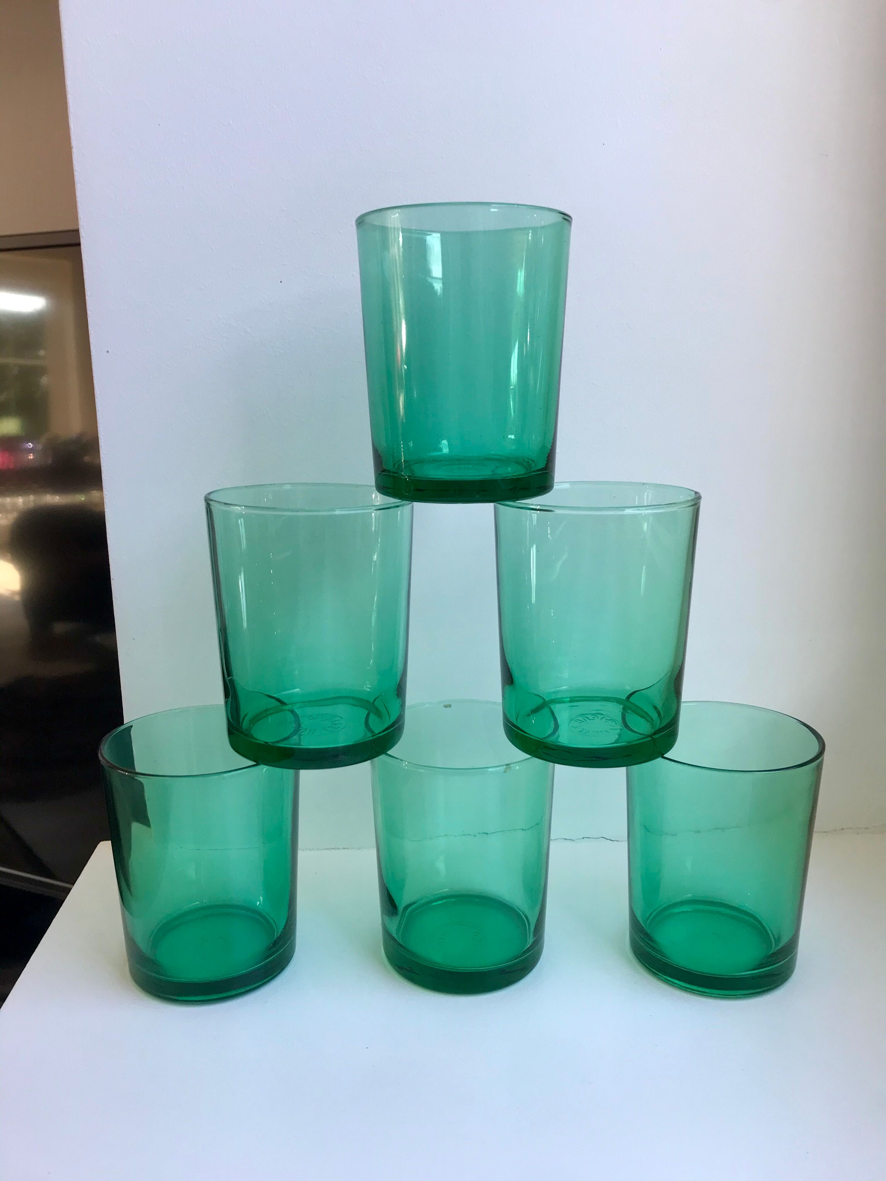 Lot de 6 verres à eau en verre vert anneées 70