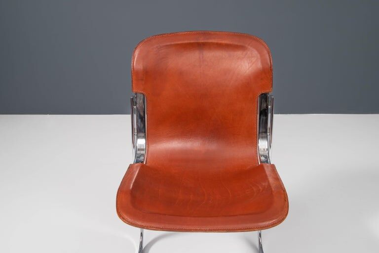 Set of 4 dining chairs in chrome and leather for Cidue Italy 1970