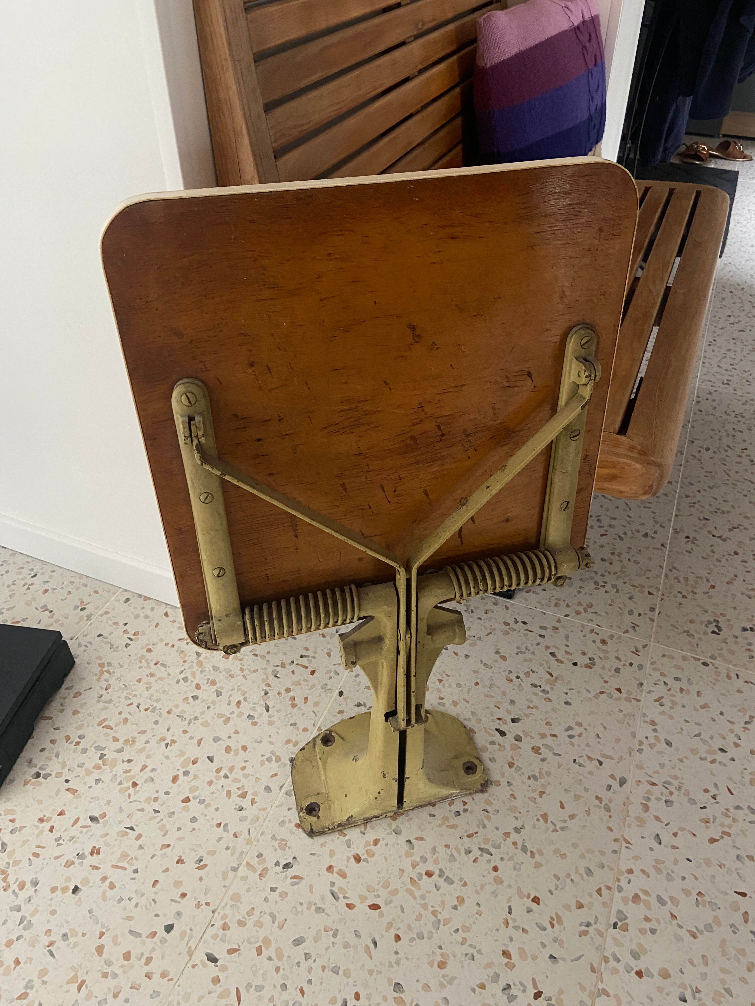 Old folding train table or wooden strapontin 1920 metal base