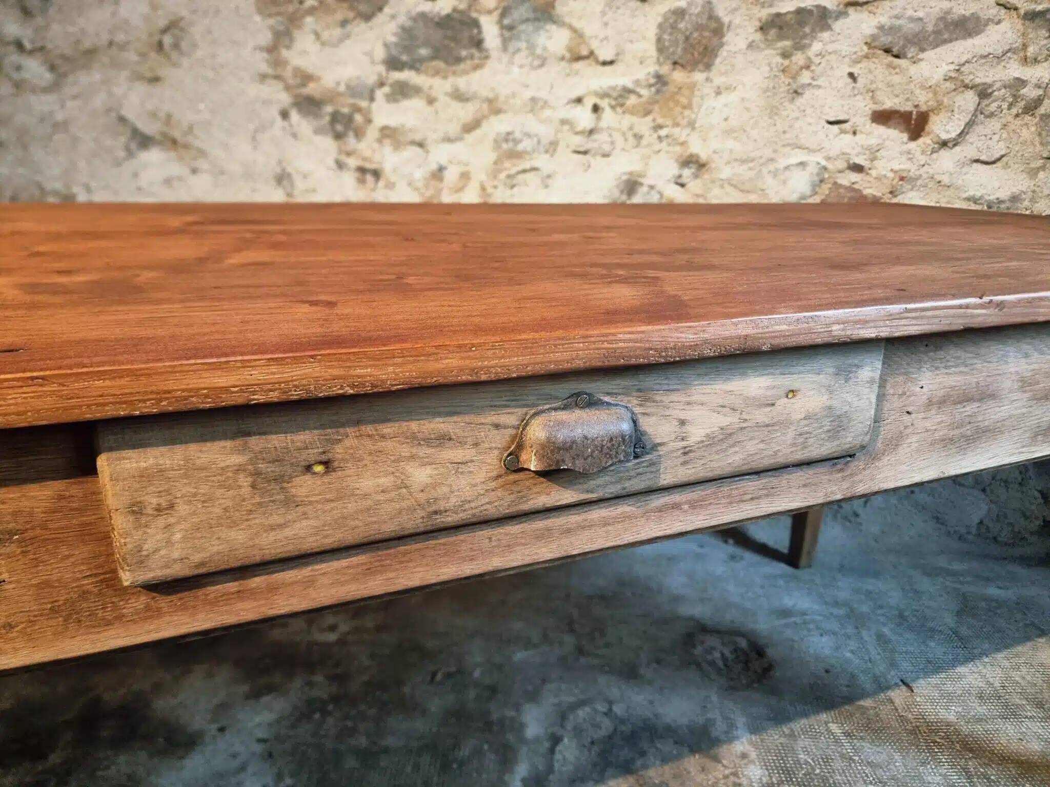 Antique French farmhouse dining table in oak and pine, circa 1900