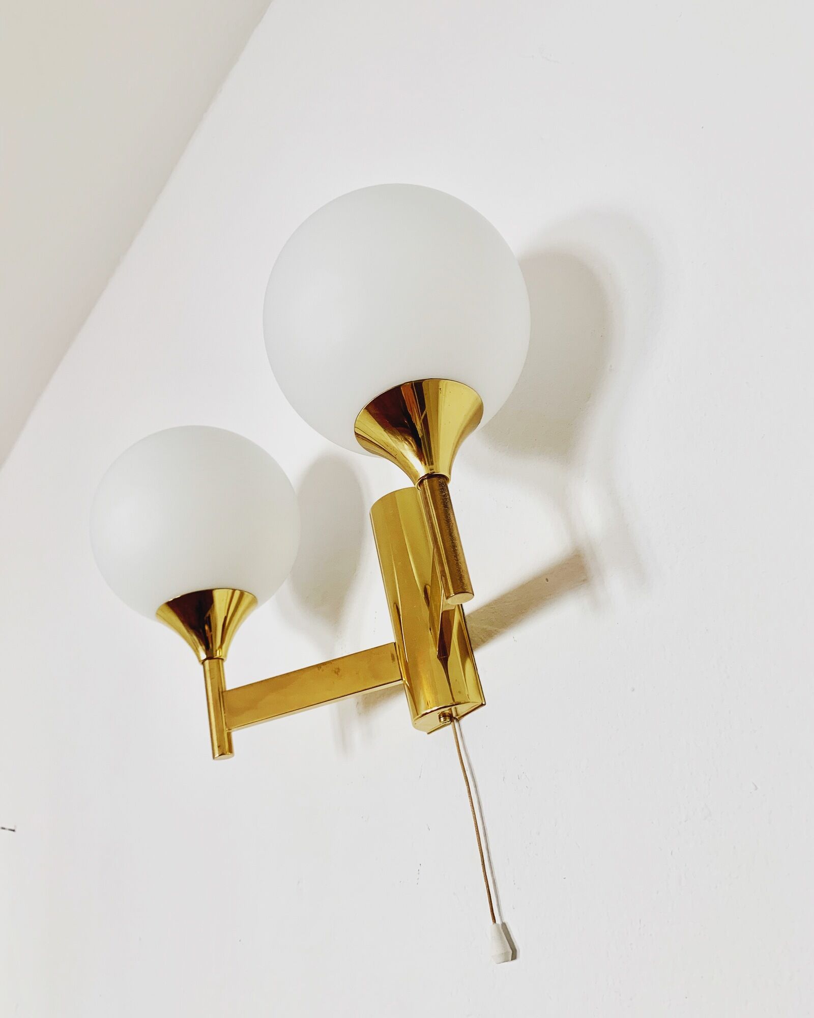 Set of 2 brass and opaline glass Sputnik wall lamps by Kaiser Leuchten