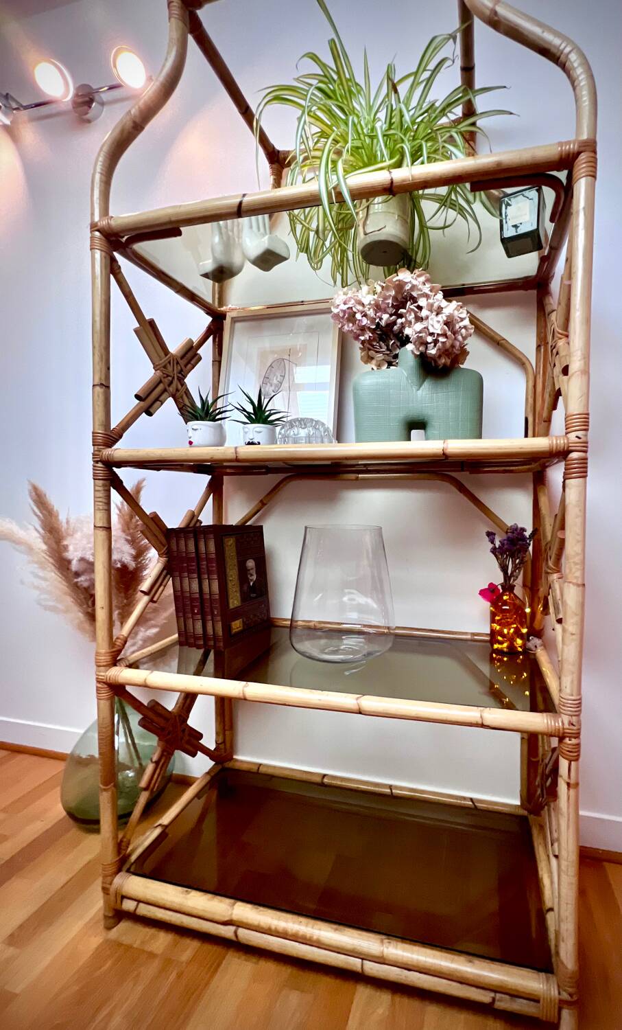 Rattan and glass shelf