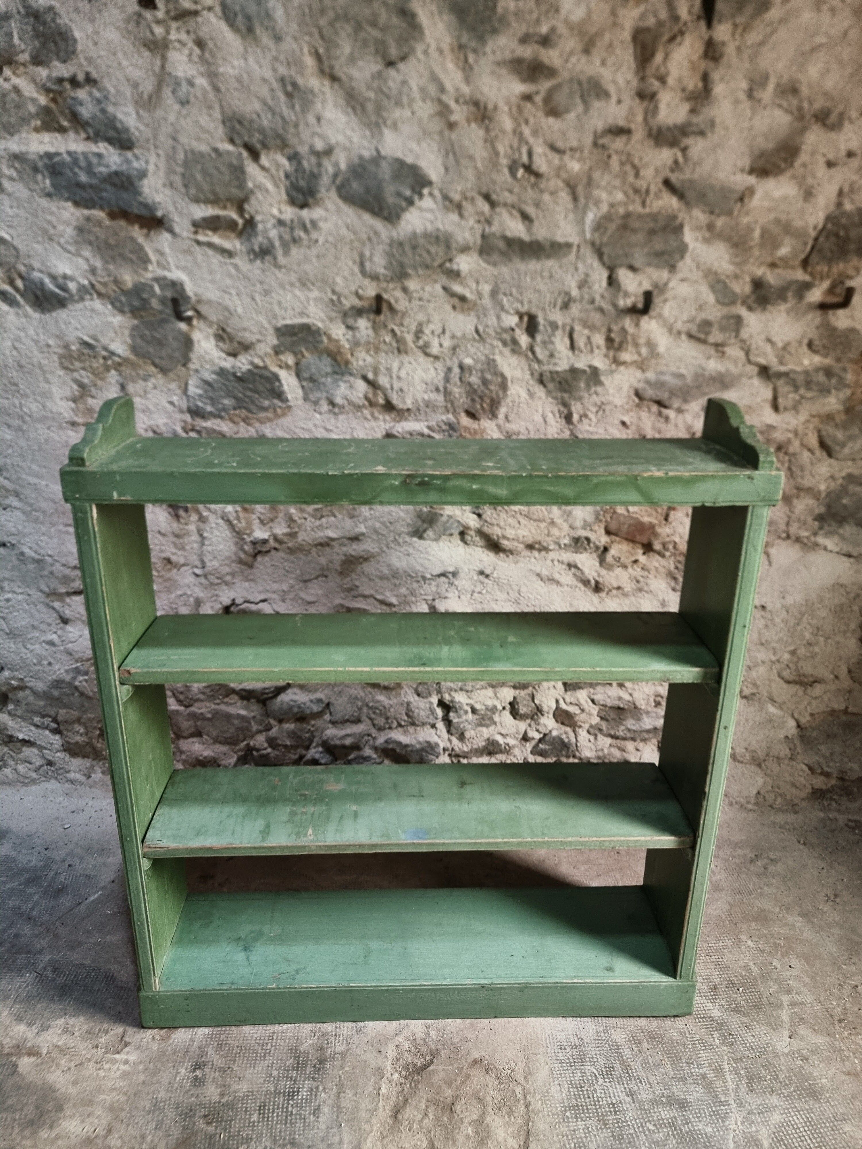 Vintage open pine shelf, original sage green paint, circa 1900–1930.