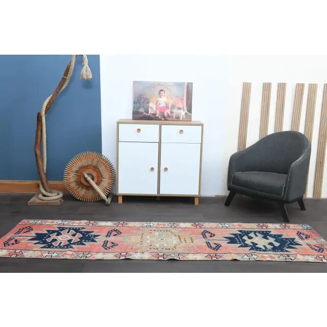 1970s Turkish Oushak Handmade Wool Cotton Pink Runner Rug 82x285