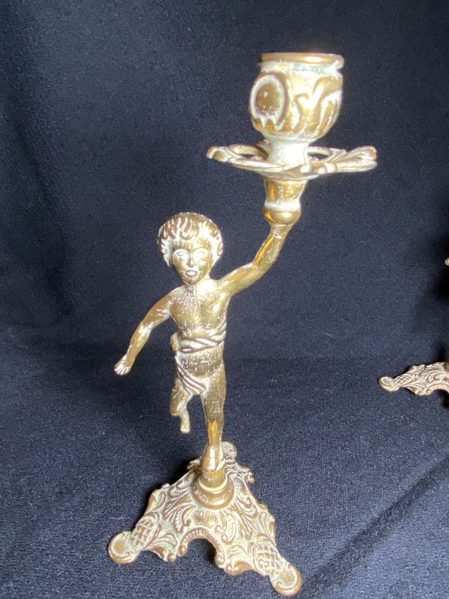 Pair of candlestick buds cherub angel brass