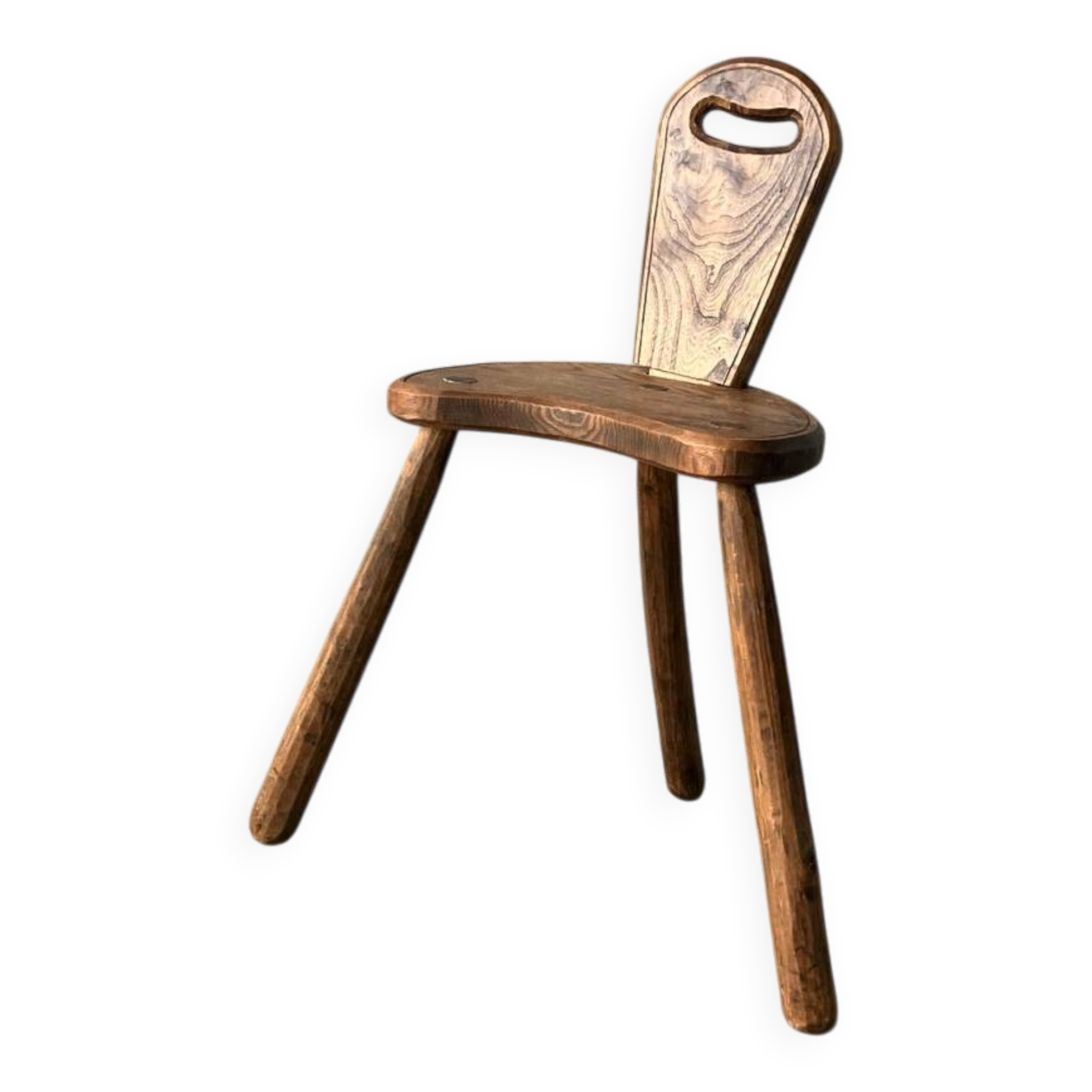 Brutalist tripod stool with backrest, France, vintage 1950s