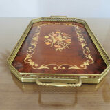 Plateau octogonal en marqueterie et laiton, Italy, Art Deco années 40 50