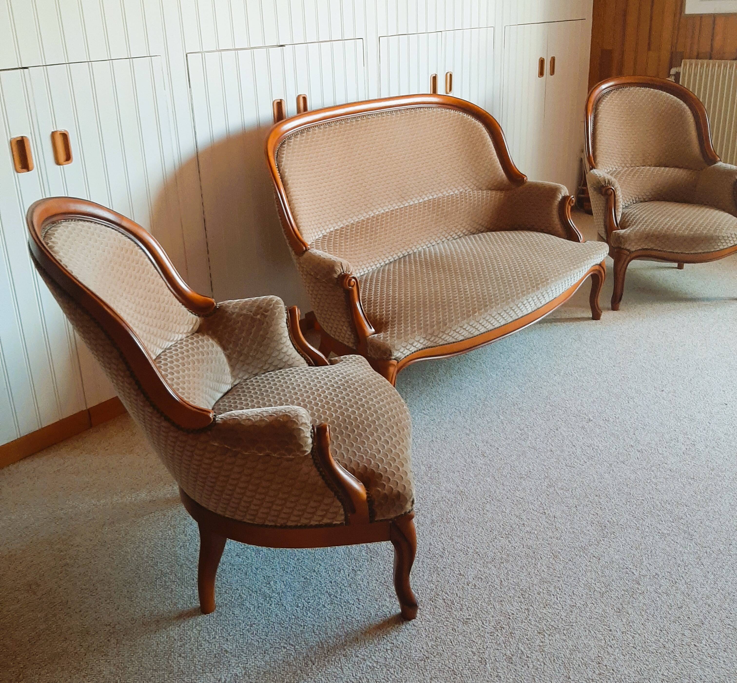 2-seater Louis XV style sofa - arched legs - Art Deco patterned velvet fabric - Beige