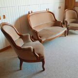 2-seater Louis XV style sofa - arched legs - Art Deco patterned velvet fabric - Beige