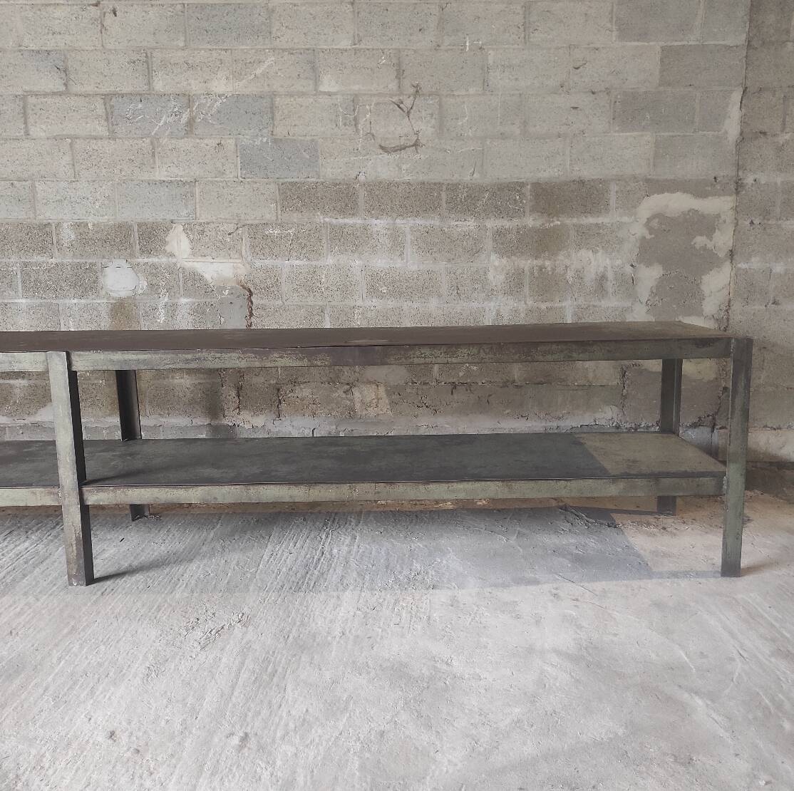 Établi industriel en acier | Table vintage de 5 mètres à deux niveaux