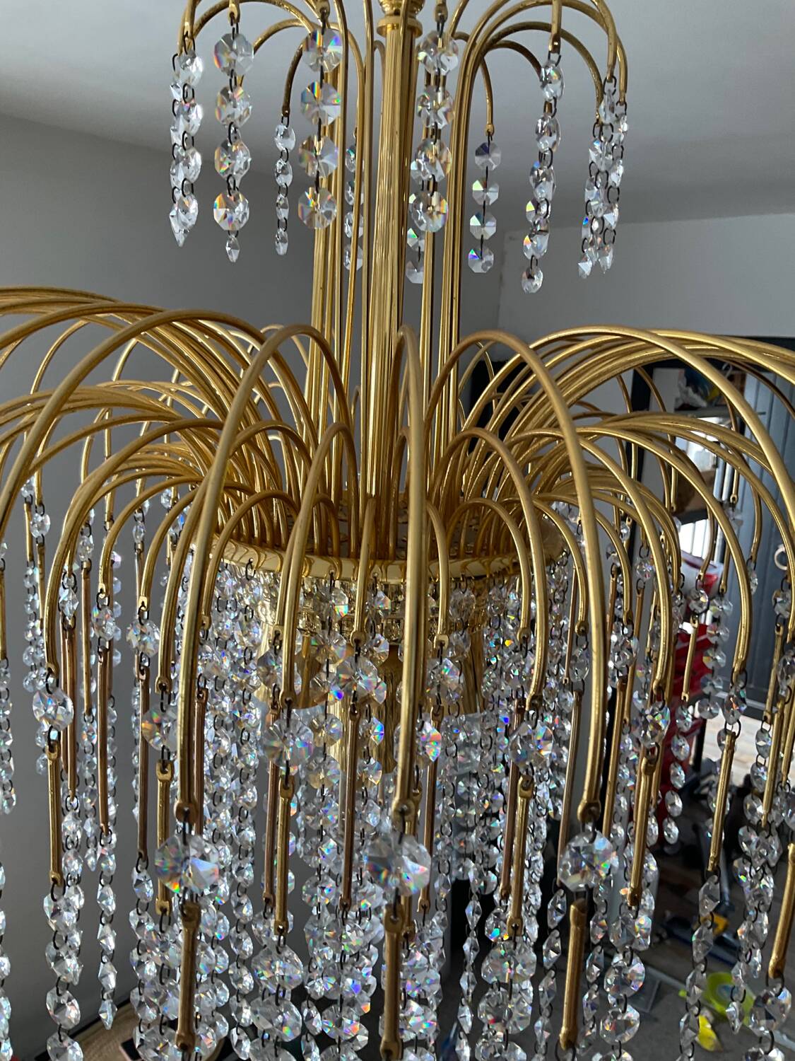 Vintage brass chandelier with crystal tassels cascade