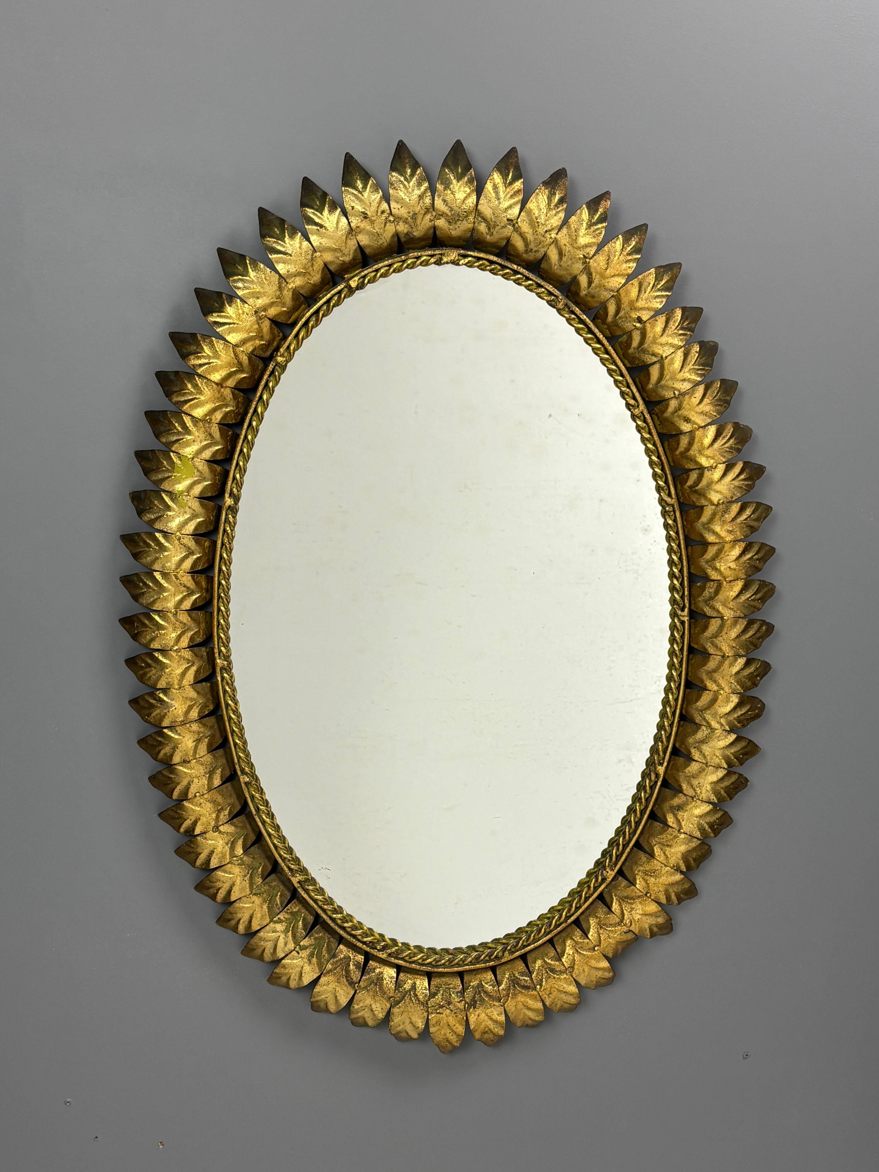 Midcentury bohemian hollywood regency spanish gilt metal sun mirror, 1960s